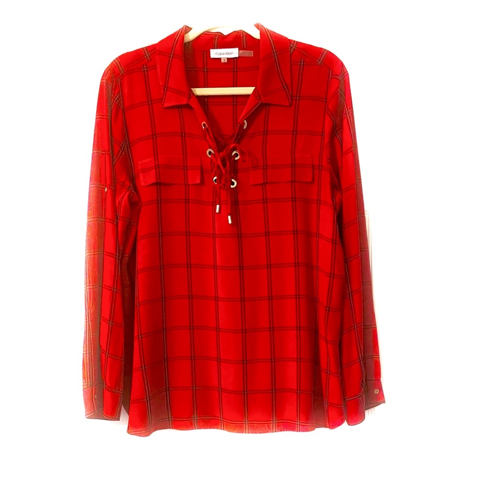 Calvin Klein V-Neck Red and Black Long Sleeve Top, Size Medium